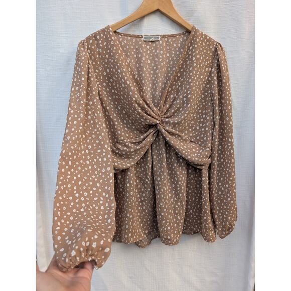 Pleione Women's Front Twist Tunic Blouse Sz Large Brown Polka Dot Balloon Sleeve - Picture 2 of 8